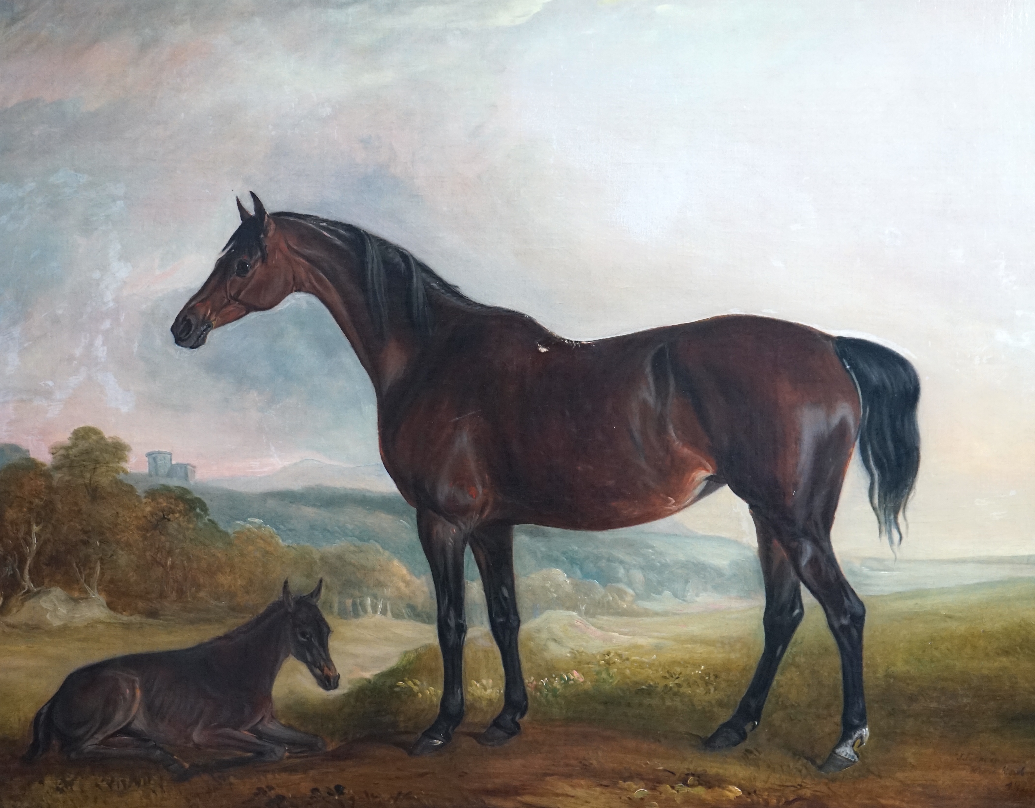 John Ferneley Snr. (British, 1781-1860), Portrait of a bay mare and foal in a landscape, oil on canvas, 70 x 89cm